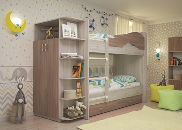 Двухэтажная детская кровать Мая на щитах со шкафом и ящиками, корпус Шимо светлый, фасад Шимо темный в Волгограде