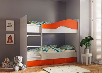Двухъярусная кровать Мая с 2 ящиками на щитах, корпус Млечный дуб, фасад Оранжевый в Волгограде