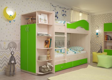 Детская 2-этажная кровать Мая на щитах со шкафом и ящиками, корпус Млечный дуб, фасад Салатовый в Волгограде