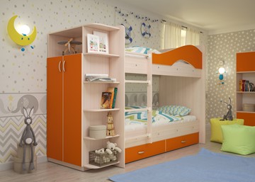 Кровать 2-ярусная Мая на щитах со шкафом и ящиками, корпус Млечный дуб, фасад Оранжевый в Волгограде
