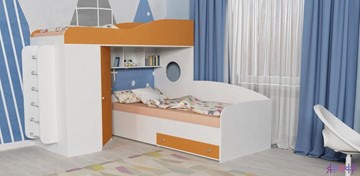 Детская кровать-чердак Кадет-2 с металлической лестницей, корпус Белое дерево, фасад Оранжевый в Волгограде