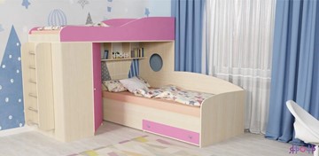 Детская кровать-шкаф Кадет-2 с металлической лестницей, корпус Дуб, фасад Розовый в Волгограде