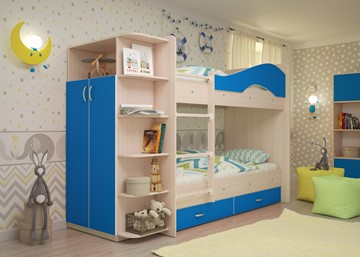 Детская двухэтажная кровать Мая на щитах со шкафом и ящиками, корпус Млечный дуб, фасад Синий в Волгограде