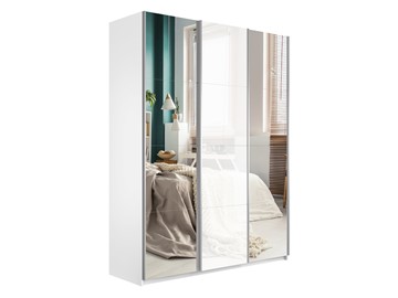 Шкаф 3-х дверный Широкий Прайм (2 Зеркала / Стекло белое) 2400x570x2300, Белый Снег в Волгограде